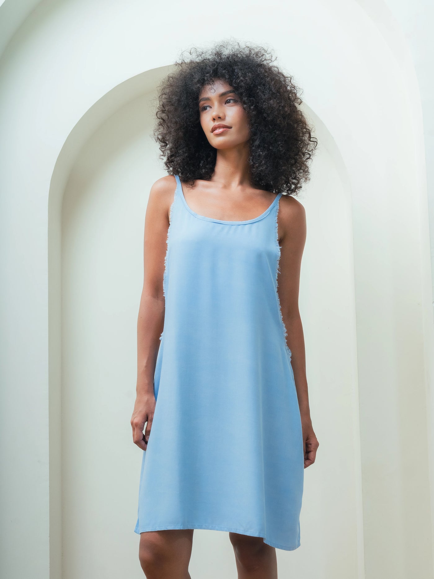 Sandpiper Dress Blue Acid – Rayon Dress with Side Raw Edge